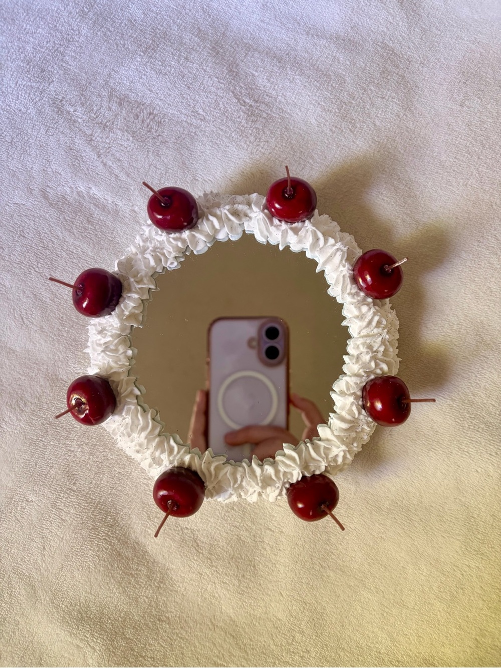 Round Decorative Mirror Candle Holder with Red Cherry Accents
